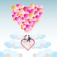 Lover on heart balloon flying among the cloud