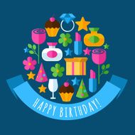 Happy Birthday greeting card Set of flat icons N3