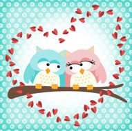 Cute owls couple with love heart