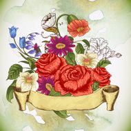 Vintage floral card with roses and wild flowers N21