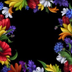 folk flowers square frame isolated on black background N2