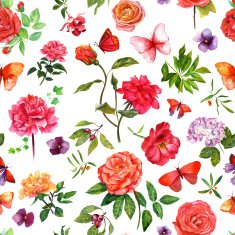 Vintage watercolor roses and butterflies seamless pattern