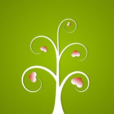 White abstract tree with hearts on a green background