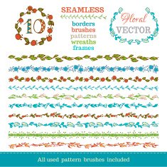Vector set of seamless hand-drawn floral borders N2