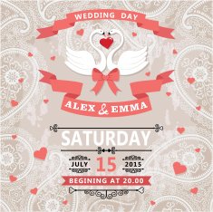 Wedding invitation with swans couple and paisley lace