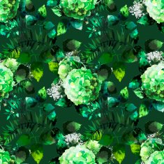 Green watercolor hydrangea vignette pattern N2