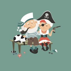 Old sailor sitting on bench with his beloved pirate
