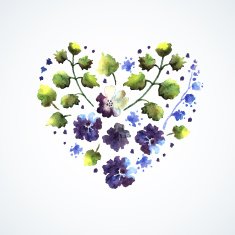 Watercolor decorative blue flowers heart