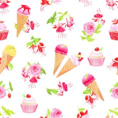 Blooming fuchsia desserts and roses seamless vector print