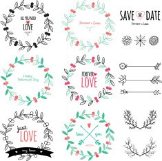 Romantic hand drawn collection of laurels wreaths and floral elements N34