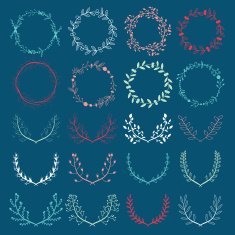 Romantic hand drawn collection of laurels wreaths and floral elements N36
