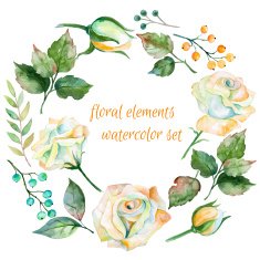 Set of different white flowers berries and leaves for design