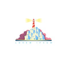 Vector touristic emblem with lighthouse on the island