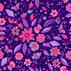 Doodle floral pattern with funny characters and flowers