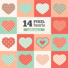 Collection of pixel hearts with different patterns