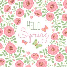 Season card Hello Spring with cute flowers and butterflies N2