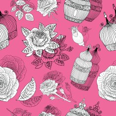 Seamless background with roses and cages on pink