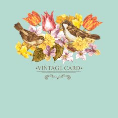 Spring Floral Retro Card with Bird Sparrows N5