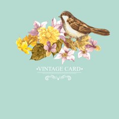 Floral Retro Card with Bird Sparrows N6