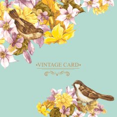 Floral Retro Card with Bird Sparrows N7