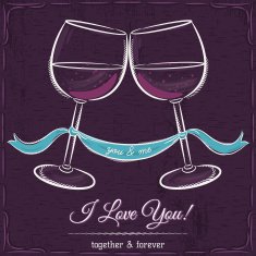 purple wedding card with two glass of wine