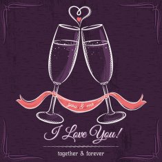 purple wedding card with two glass of wine N2