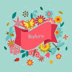 Card with beautiful simple flowers beetles and butterflies N3