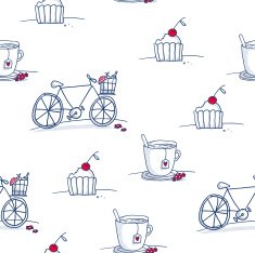 Seamless pattern with doodle cakes cups and bicycles N2