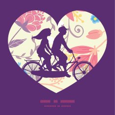 Vector fresh field flowers and leaves couple on tandem bicycle