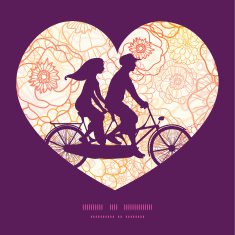 Vector warm flowers couple on tandem bicycle heart silhouette frame