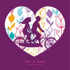 Vector colorful tulip flowers couple on tandem bicycle heart silhouette