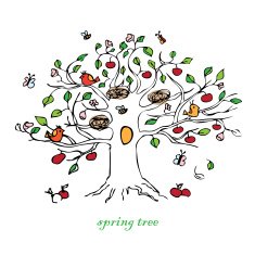 Spring tree birds flowers on a white background N2