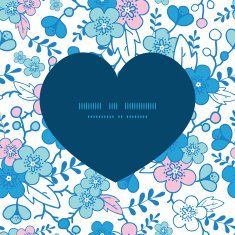 Vector blue and pink kimono blossoms heart silhouette pattern frame