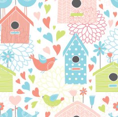 Seamless floral pattern with birdhouses