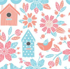 Seamless floral pattern with birdhouses N2