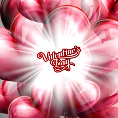 Valentine's Day label on balloon hearts background with shiny flash