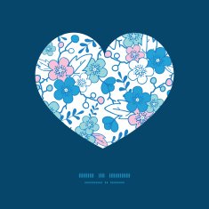 Vector blue and pink kimono blossoms heart silhouette pattern frame N2