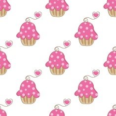 Cupcake retro seamless pattern with cute cake and heart cherry
