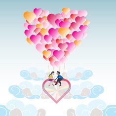 Lover on heart balloon flying among the cloud