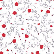 Swirling branches with roses and hearts seamless vector pattern N2