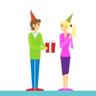 happy birthday couple man give gift box with balloon