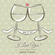 romantic card with two glass of wine and wishes text