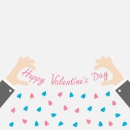 Businessman hands holding Valentines day text Little hearts Flat