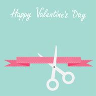 Scissors cut decorative pink ribbon Valentines day card Flat design