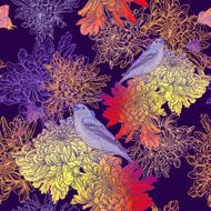 Seamless Background with Birds and Chrysanthemums N2