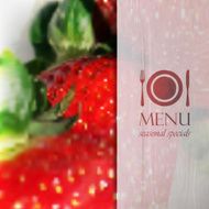 restaurant menu design on realistic blurred background of ripe strawberries