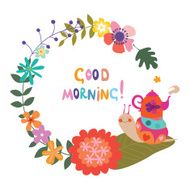 Floral composition with cute snail and tea pot