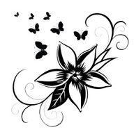 Decorative composition of curls flower and ornamented abstract silhouette butterflies
