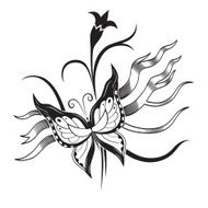 Decorative composition of curls and ornamented abstract silhouette butterfly N2