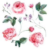 Set vintage watercolor bouquet of roses leaves branches flowers and